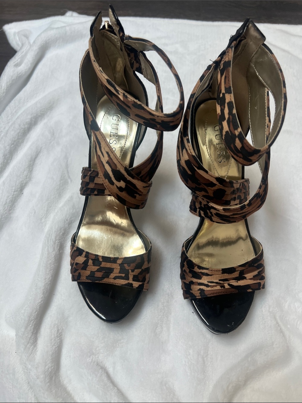 GUESS Leopard-Pattern Strappy High Heel Sandals in Brown and Black